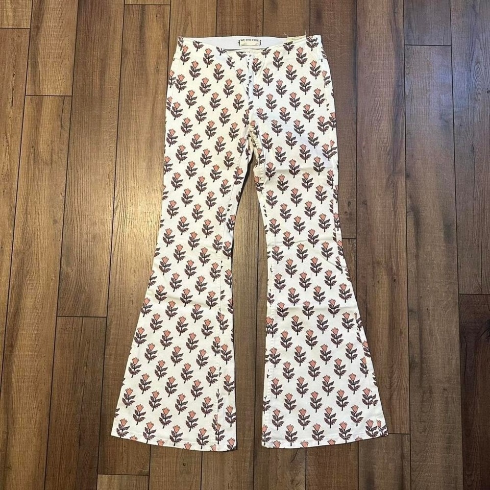 Free People Cream and Brown Patterned Flare Pants